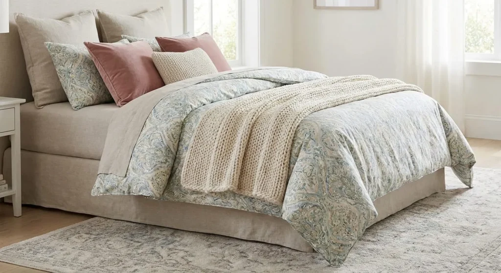 A beautifully layered bed with linen sheets, a patterned duvet, a chunky knit throw, and velvet pillows.
