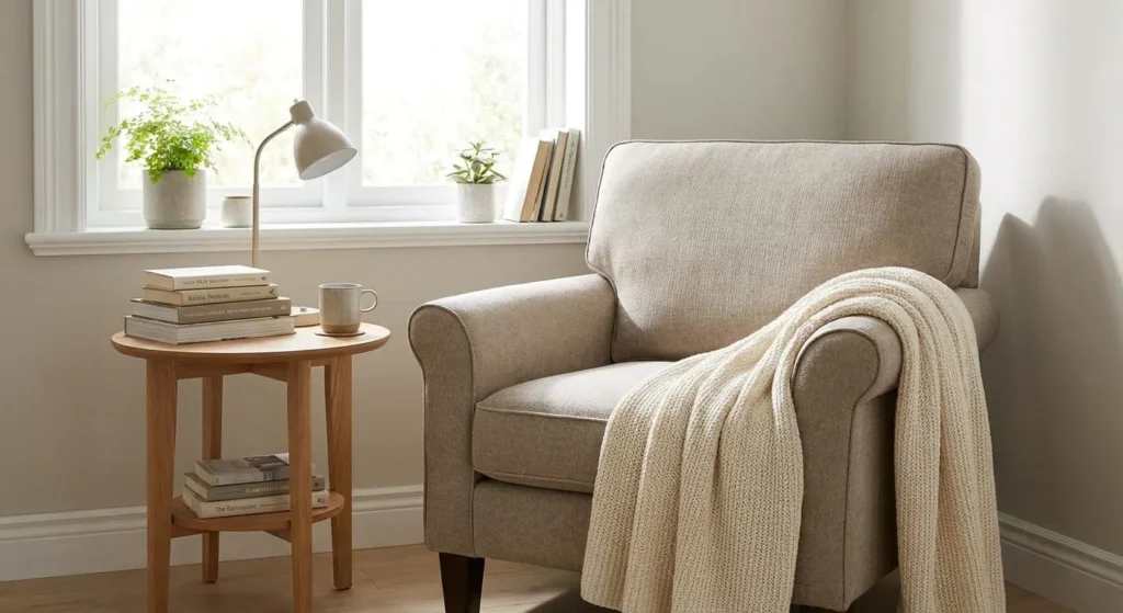 A cozy reading nook in a sunlit corner with an armchair, a knit throw, a side table with books, and a lamp.