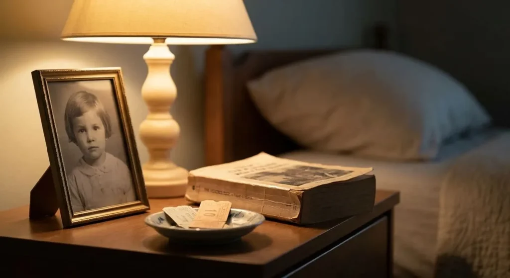 A close-up of a nightstand under a warm lamp, featuring a framed childhood photo, a well-worn paperback book, and a small dish with old ticket stubs.