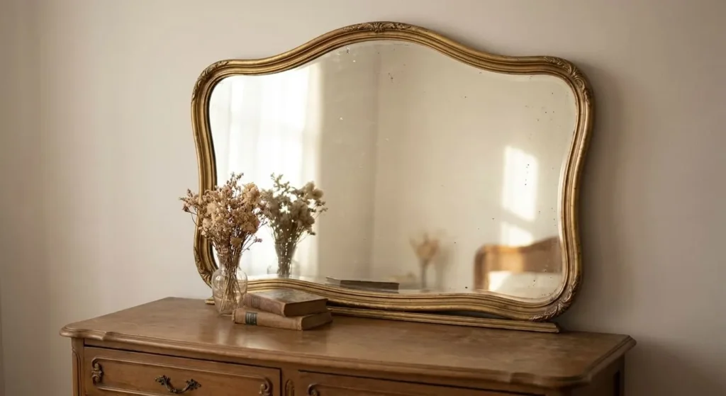 An antique mirror with a curved, tarnished gold frame propped on a vintage wooden dresser.