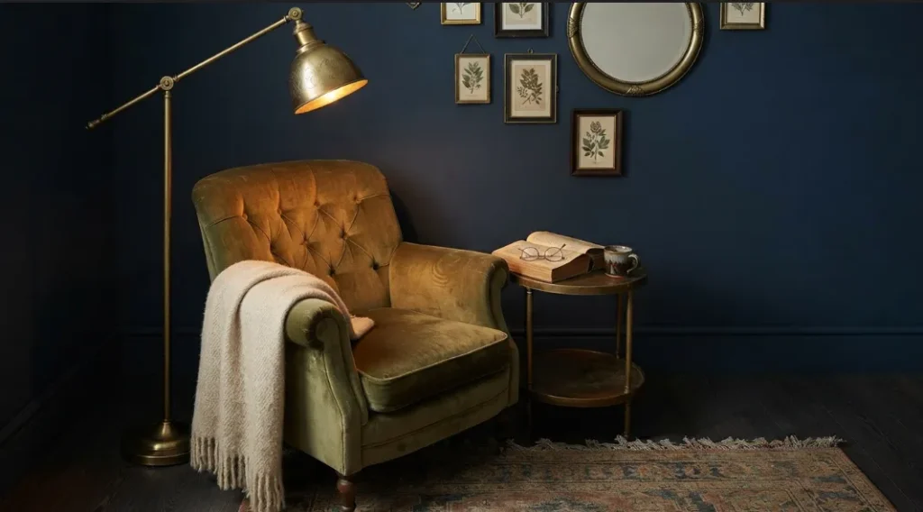 Antique Brass Lighting in A Dark Boho Living Room
