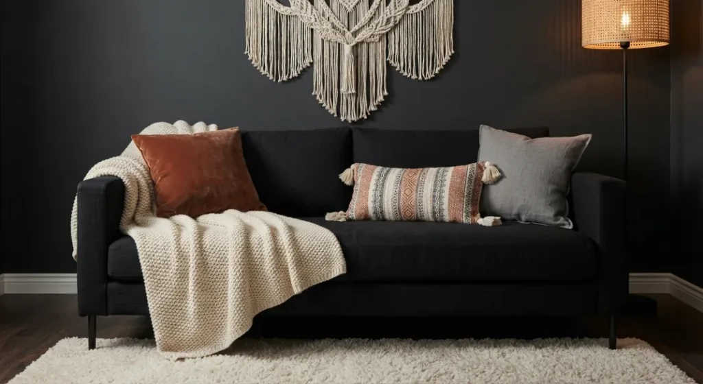 Black Sofa With Layered Textiles
A dark boho living room Idea