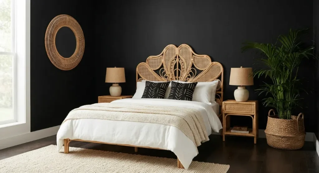 Black Walls With Natural Rattan A Dark Boho Living Room