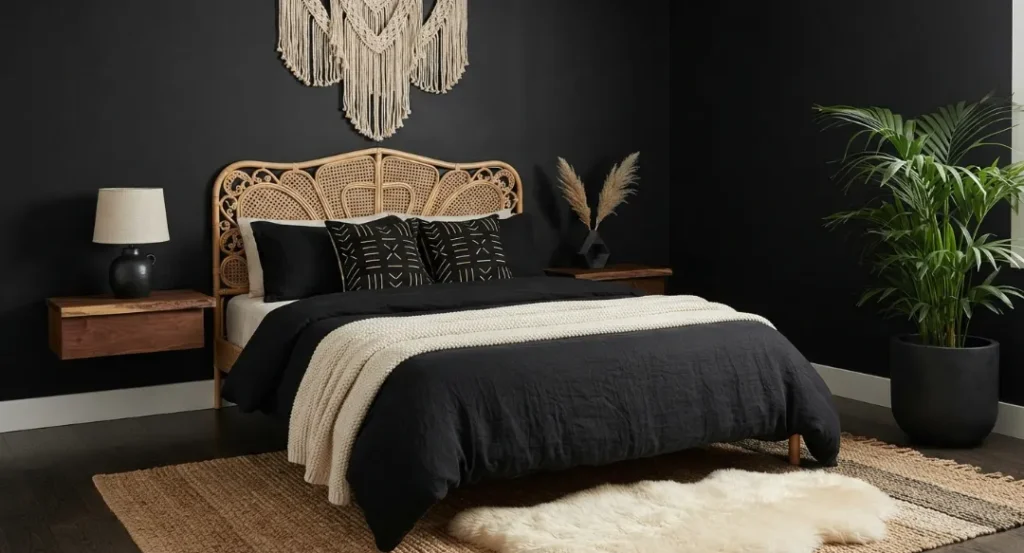Black-and-Cream Boho Palette of A Dark Boho Living Room
