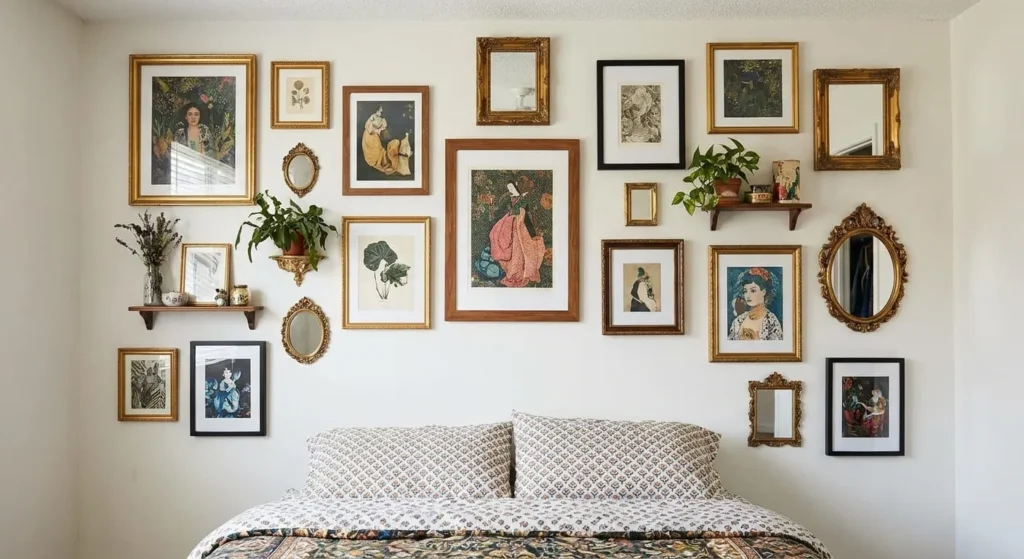  A bedroom wall above a bed filled with a maximalist gallery wall featuring an eclectic mix of framed art, small mirrors, and shelves with plants and trinkets.