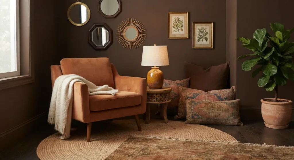 Burnt Orange and Chocolate Brown Dark Boho Living Room