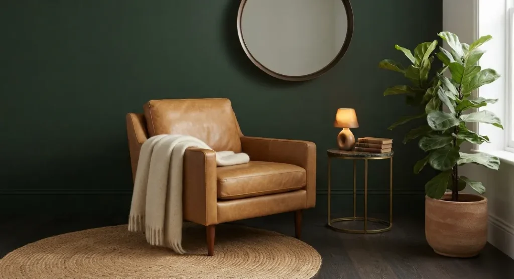 Camel Leather and Dark Green A Dark Boho Living Room