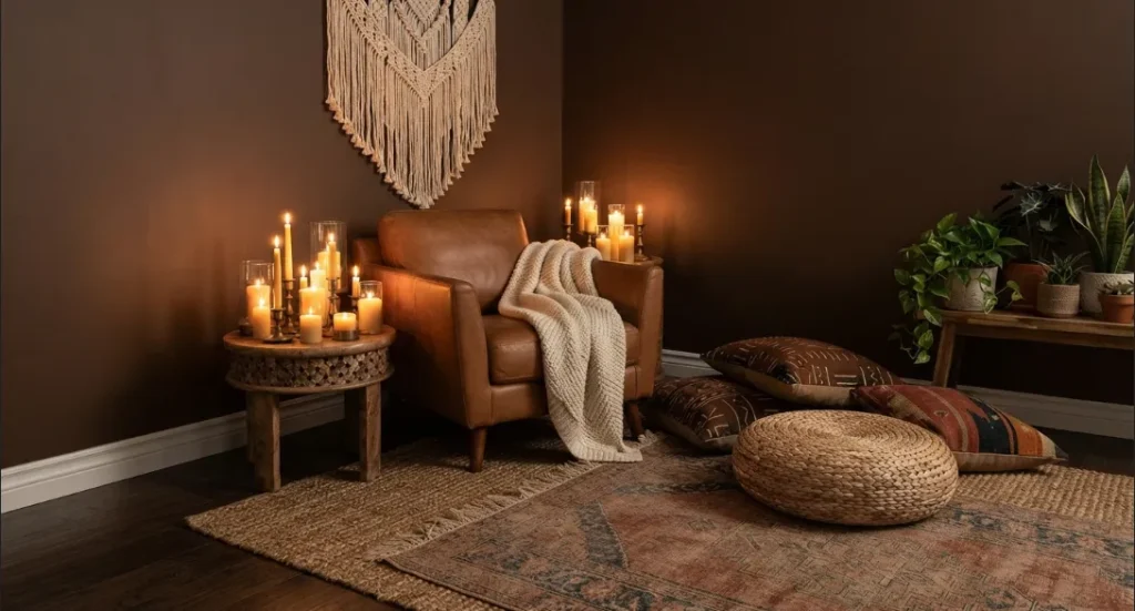Cozy Dark Boho Corner With Candles In A Dark Boho Living Room