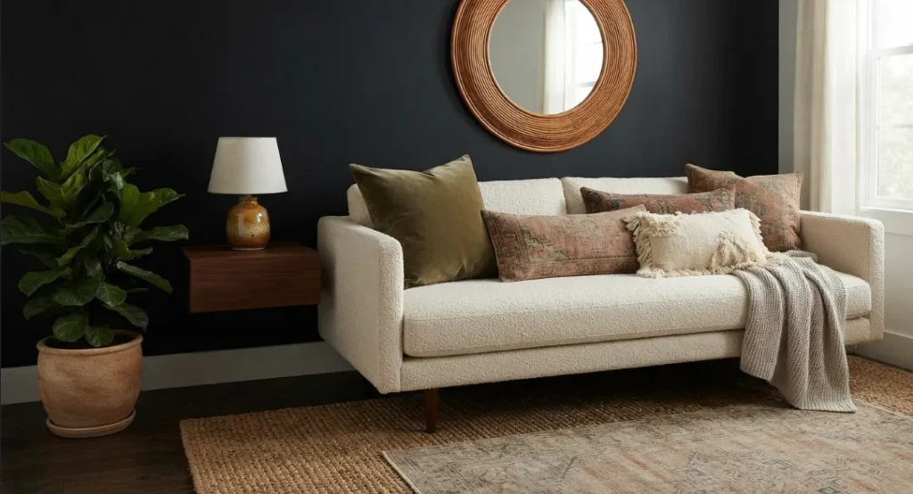 Cream Sofa Against a Black Wall In A Dark Boho Living Room