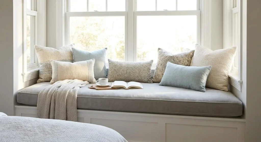 A bright, built-in window seat layered with a thick cushion, various patterned pillows, a soft knit throw, a cup of coffee, and an open book.