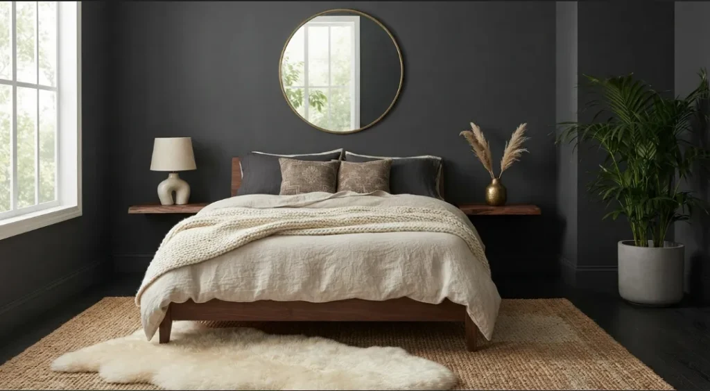Dark Walls With Natural Linen In A Dark Boho Living Room