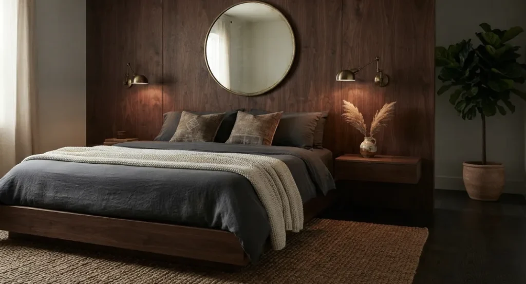 Dark Wood From Floor to Furniture in A Dark Boho Living Room