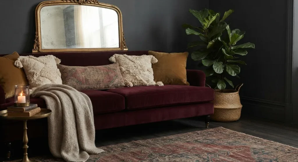 Deep Burgundy Velvet Sofa in A Dark Boho Living Room 