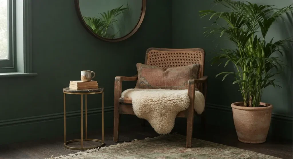 Deep Green With Cane Furniture in A Dark Boho Living Room