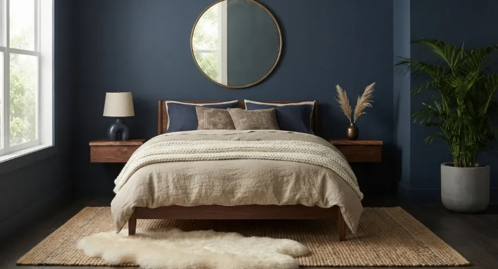 Deep Navy With Warm Beige A Dark Boho Living Room