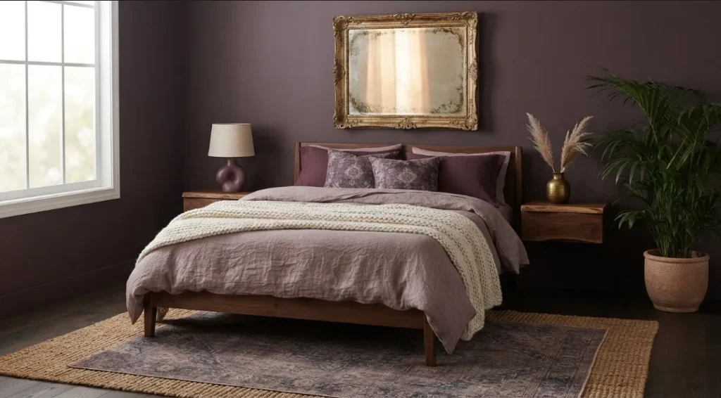 Deep Plum With Natural Wood In A Dark Boho Living Room