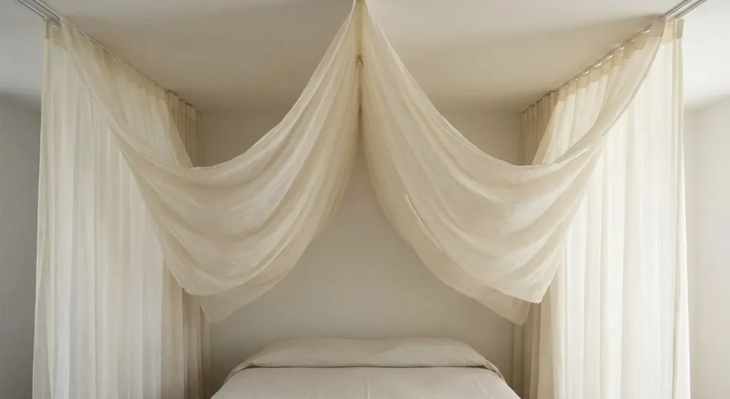 Sheer, cream-colored fabric draped from a lightweight track system on the ceiling, creating a soft, tented canopy over a bed.