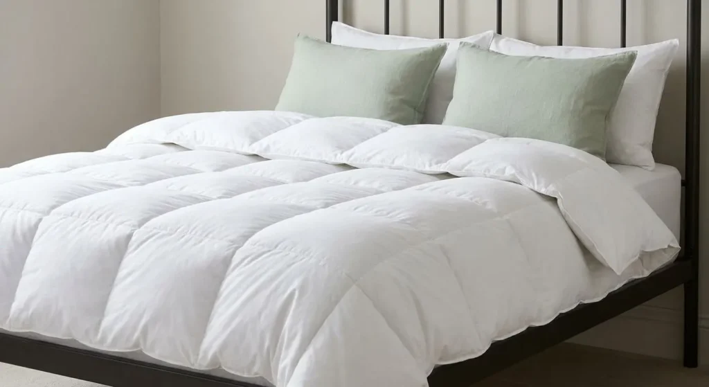  A bed with a dark metal frame dressed in an oversized, puffed white duvet that looks cloud-like, paired with two soft green linen pillows.