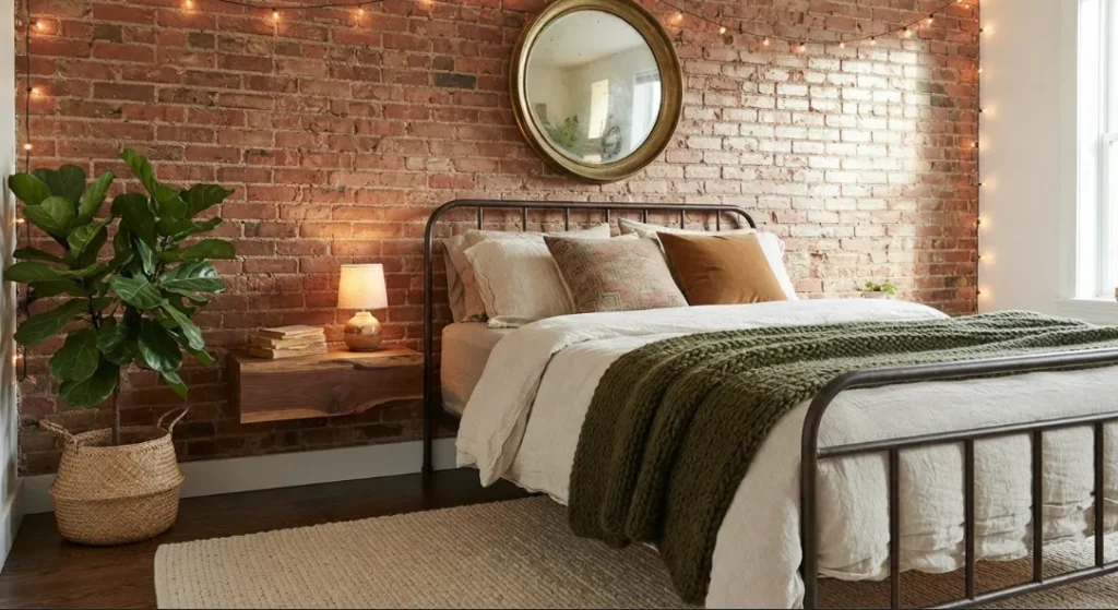 Exposed Brick and Boho Layers of A Dark Boho Living Room