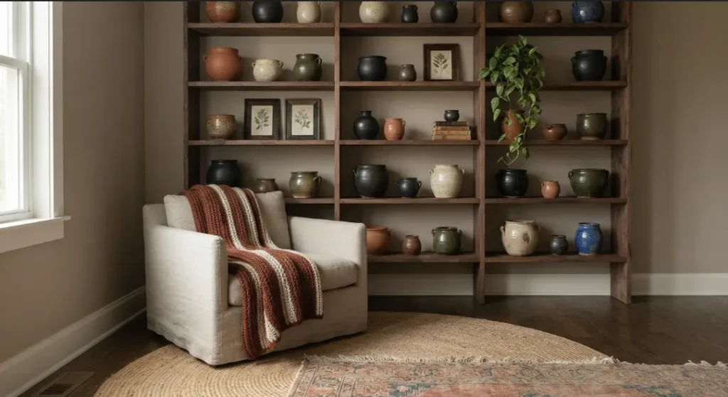 Handcrafted Ceramic Collection In A Dark Boho Living Room