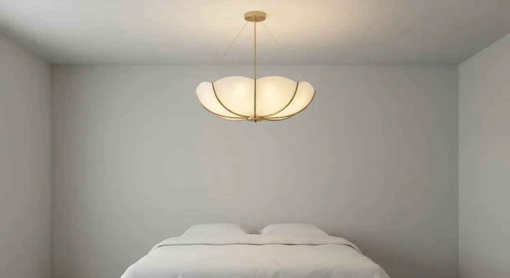 A modern, curved statement pendant light with a brass finish and frosted glass shades hanging from the ceiling of a minimalist bedroom.