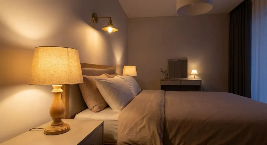A bedroom scene at night showing a bedside table lamp with a warm glow and a brass wall sconce mounted above the bed, providing ambient and task lighting.