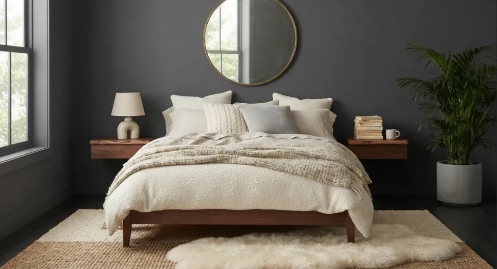 Layered Neutral Textures of A Dark Boho Living Room