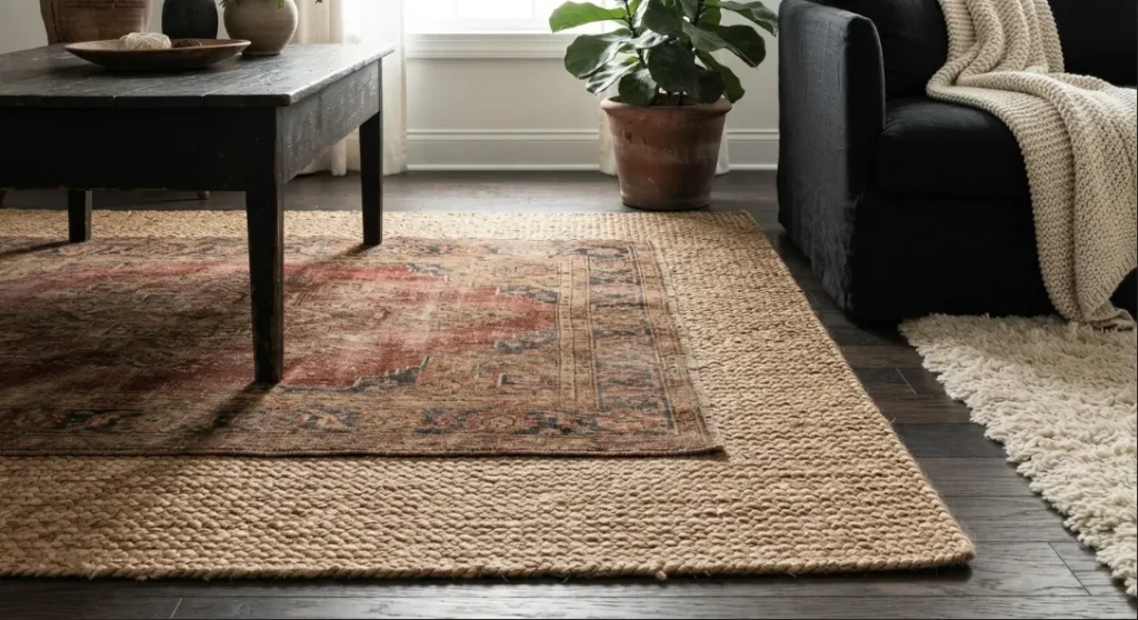 Layered Rugs for Extra Texture in A Dark Boho Living Room