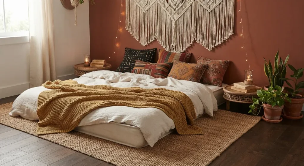 Low Seating With Floor Cushions In A Dark Boho Living Room