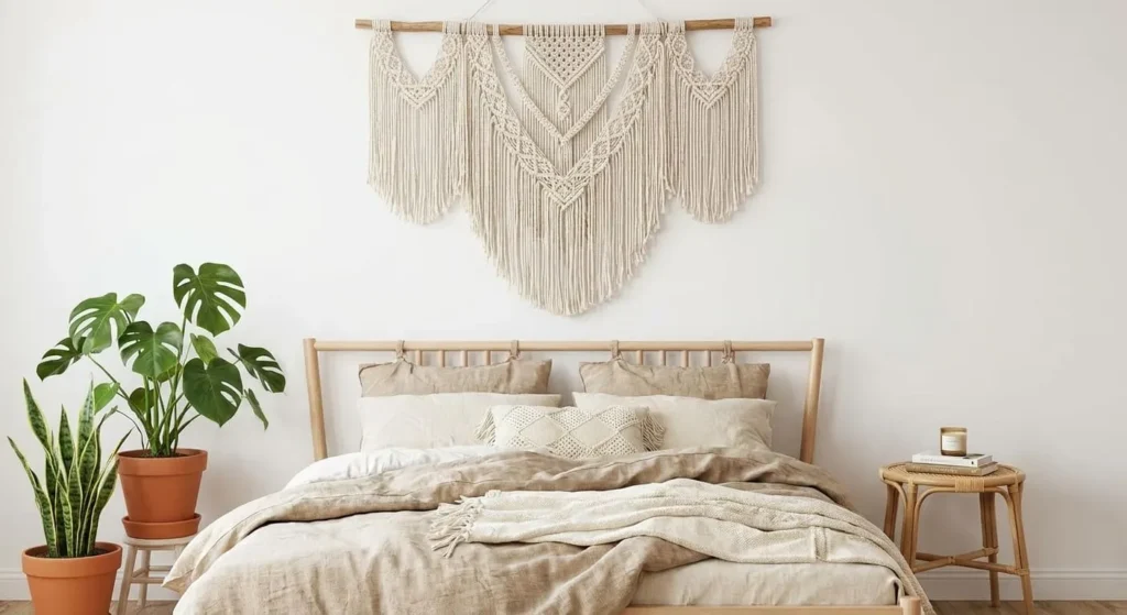  A large, intricate cream-colored macrame wall hanging centered above a wooden bed frame, accompanied by potted plants in a boho bedroom.