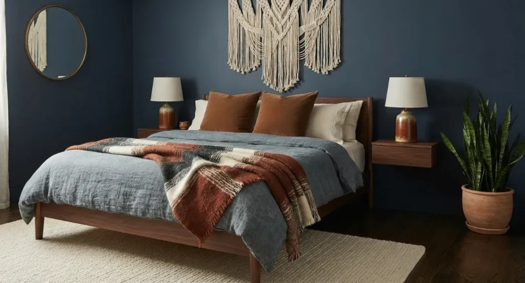 Moody Blue With Rust Accents A Dark Boho Living Room