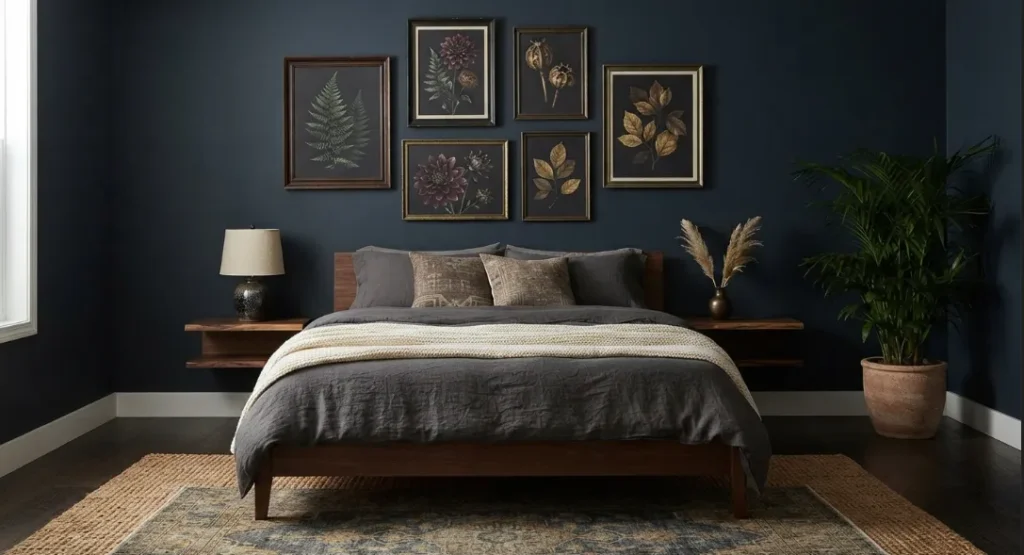Moody Botanical Prints of A Dark Boho Living Room