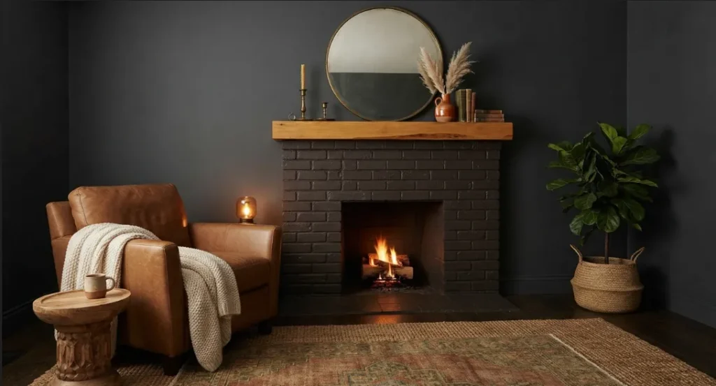 Moody Fireplace Corner In A Dark Boho Living Room