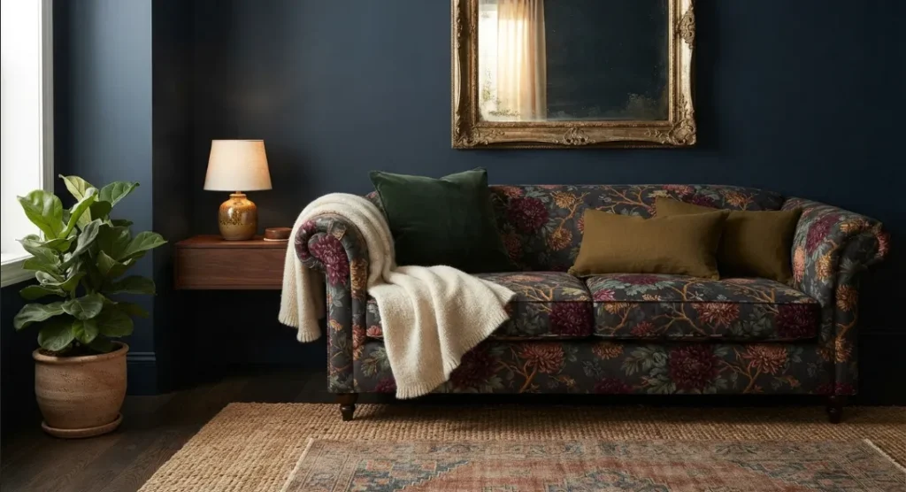 Moody Floral Sofa In A Dark Boho Living Room