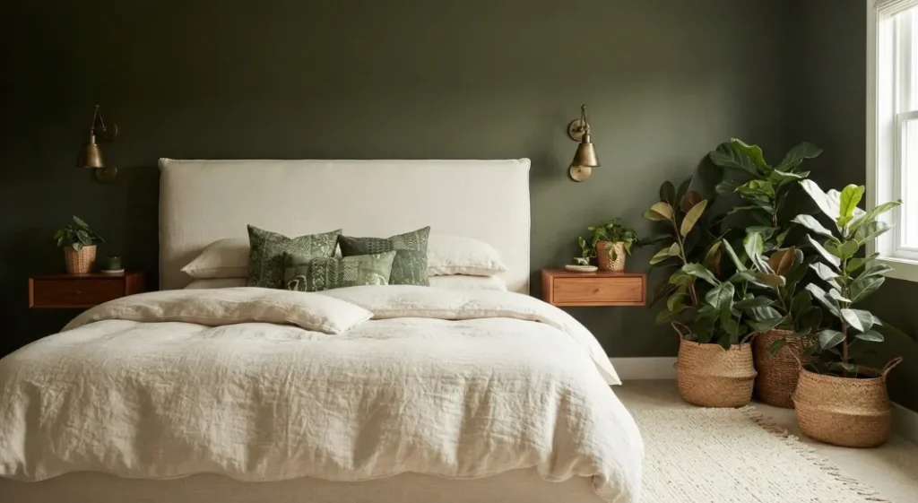 Moody Olive Green and Cream A Dark Boho Living Room