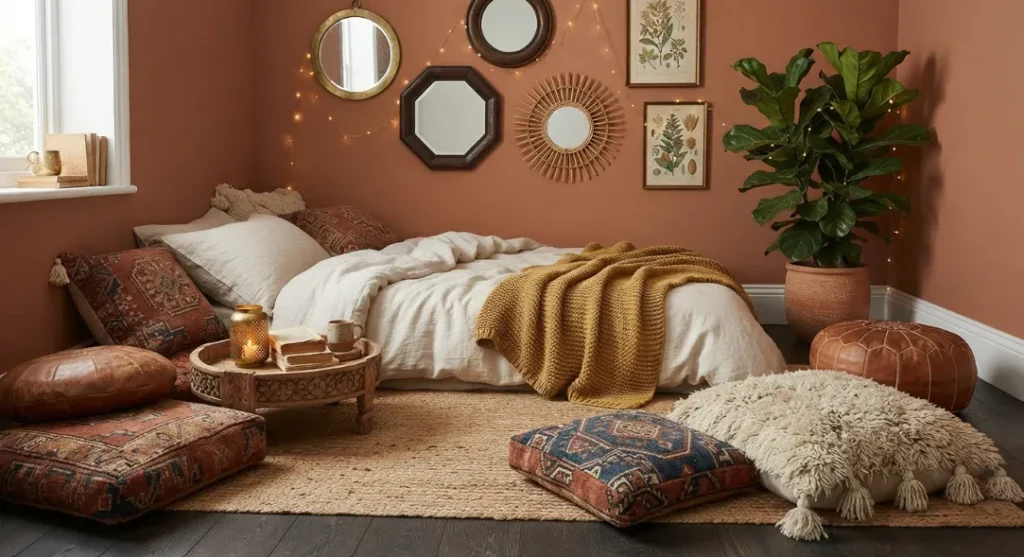 Moroccan-Inspired Floor Seating of A Dark Boho Living Room