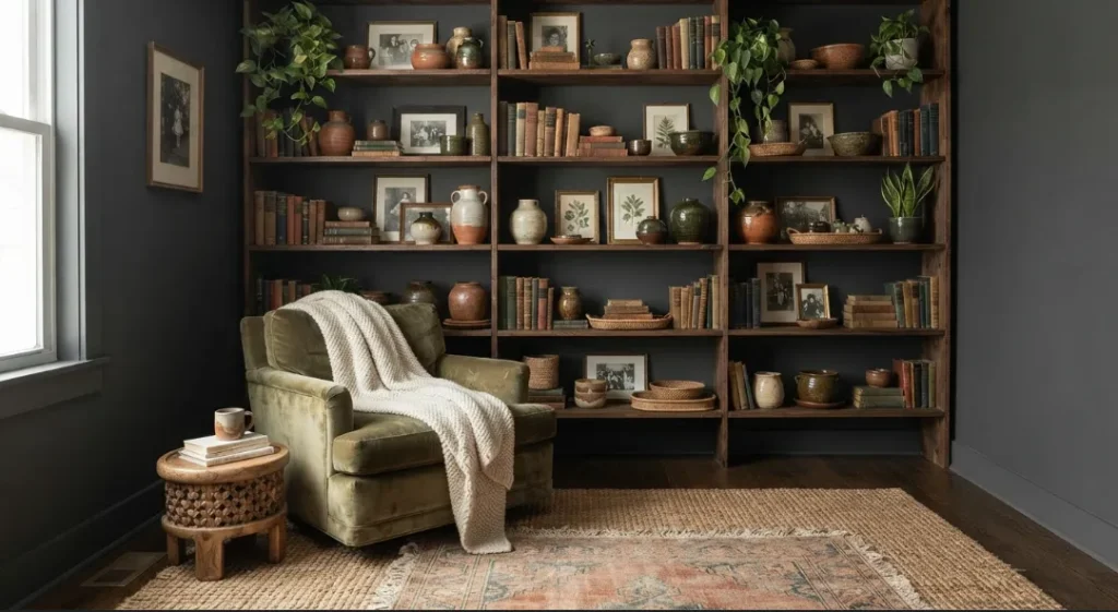 Open Shelving With Collected Objects In A Dark Boho Living Room