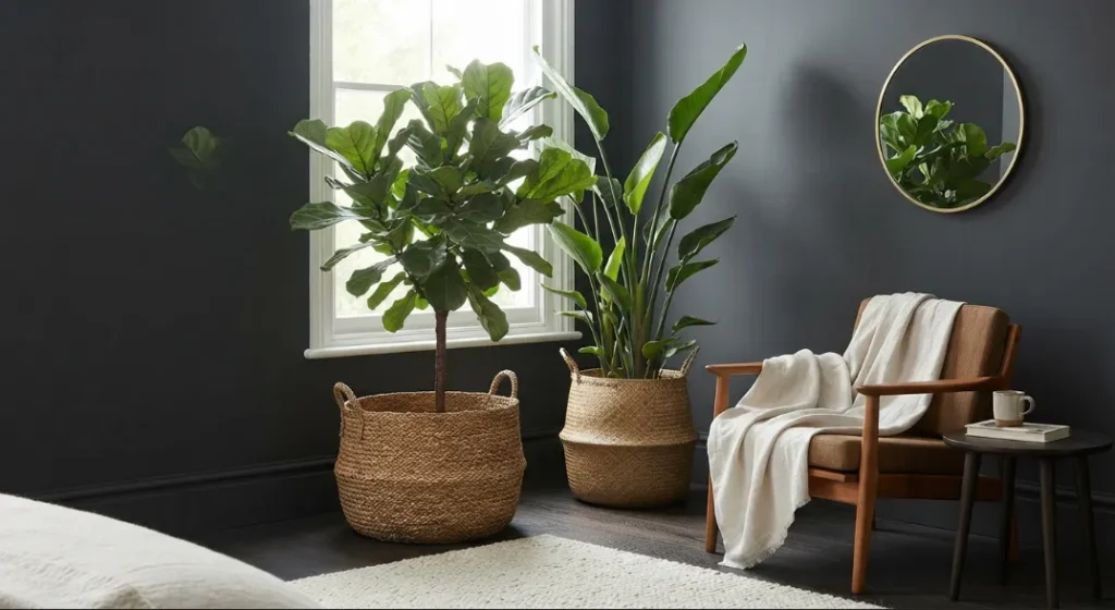 Oversized Houseplants in Woven Baskets A Dark Boho Living Room