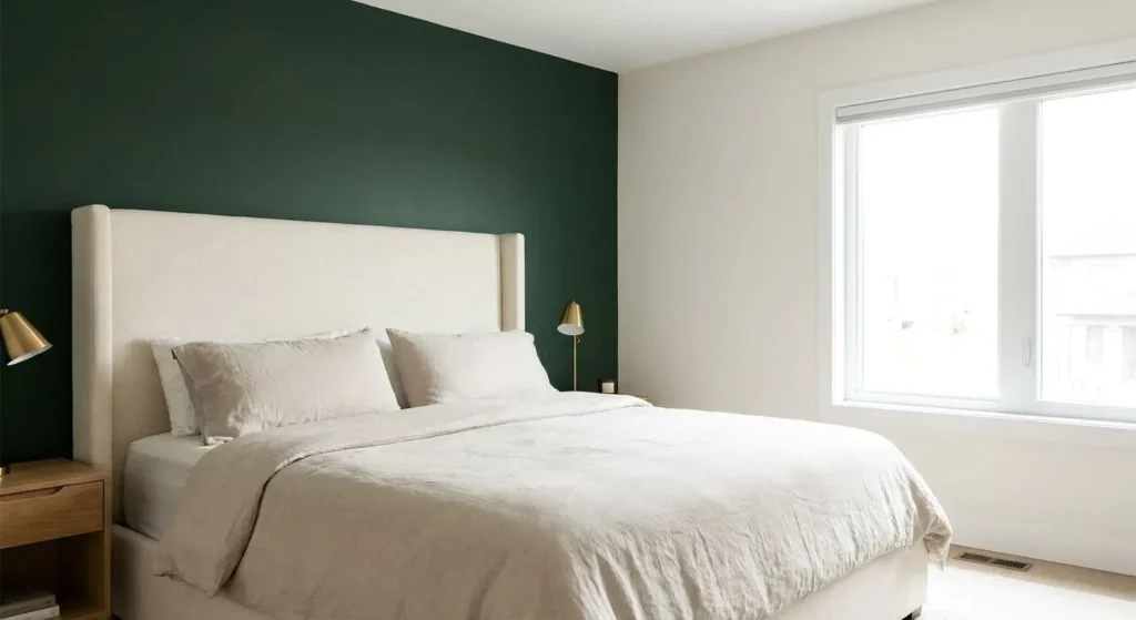 A primary bedroom featuring a deep forest green accent wall behind a large, cream-colored upholstered headboard, contrasted with neutral walls and natural light.