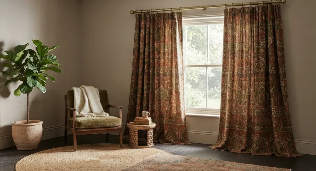 Patterned Curtains in Rich Earth Tones in A Dark Boho Living Room