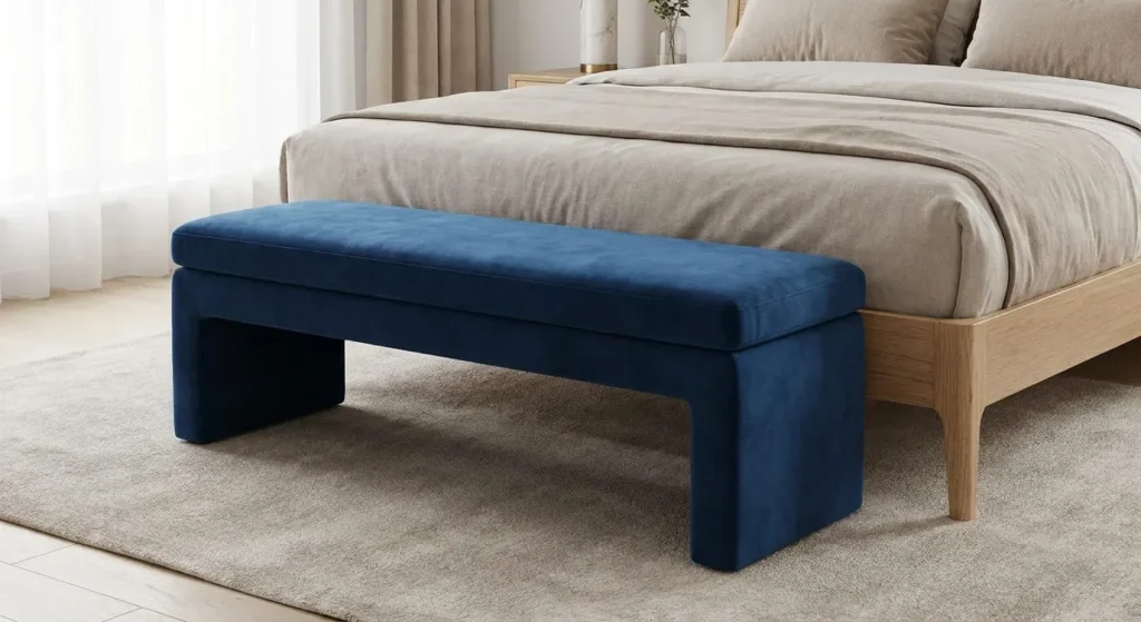A low, plush blue velvet bench with clean lines is positioned at the foot of a bed with a light wood frame and neutral bedding.