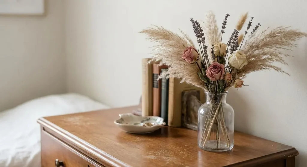 A close-up of a glass vase holding a small, asymmetrical arrangement of dried pampas grass, lavender, and roses in muted tones, placed on a wooden dresser with old books.