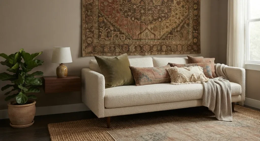 Tapestry Behind the Sofa In A Dark Boho Living Room