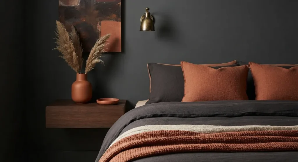 Terracotta Accents Against Dark Walls
A dark boho living room