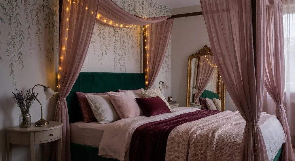  A bedroom featuring a four-poster bed with sheer dusty rose drapes, warm fairy lights, and a deep green velvet headboard.
