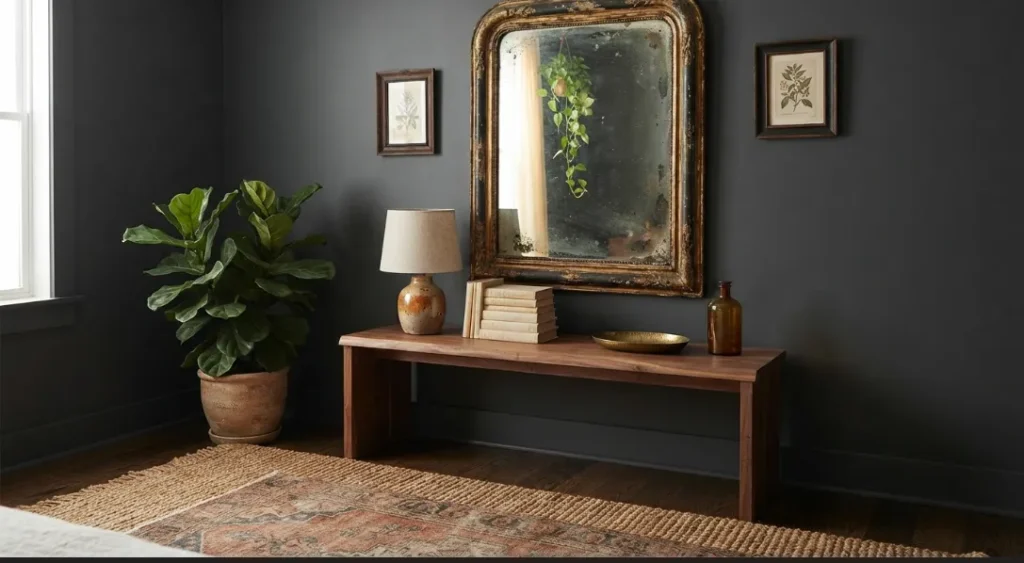 Vintage Mirror Over a Dark Wall In A Dark Boho Living Room