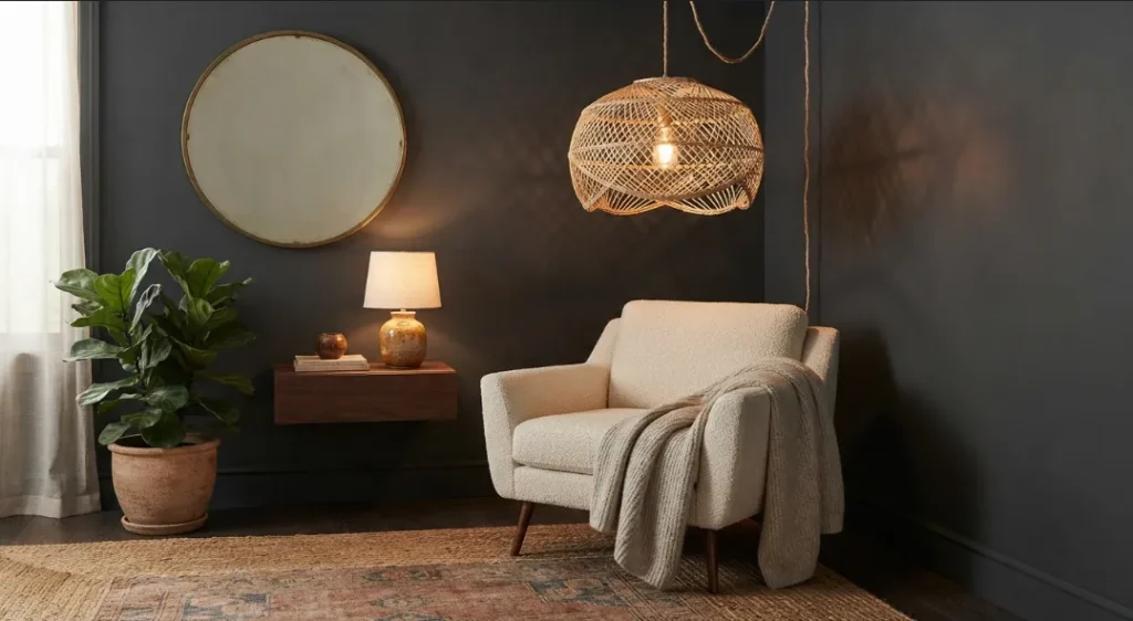 Woven Pendant Light In A Dark Boho Living Room