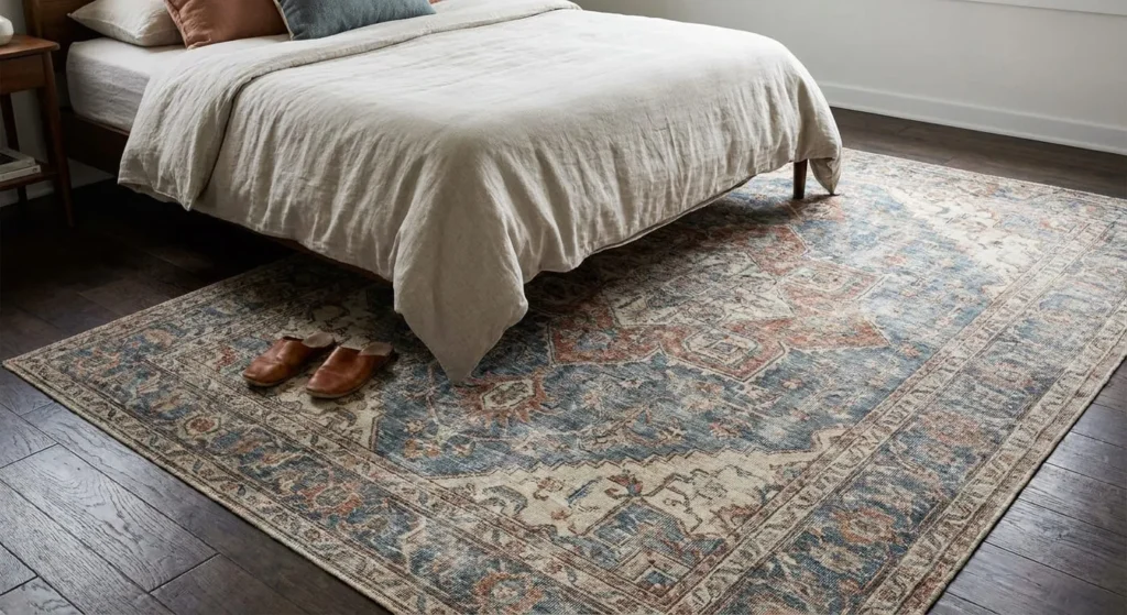  A large area rug with a faded, vintage Persian-style pattern in muted blues and rusts covers a dark hardwood floor in a bedroom. A bed with linen bedding and worn leather slippers are partially visible.