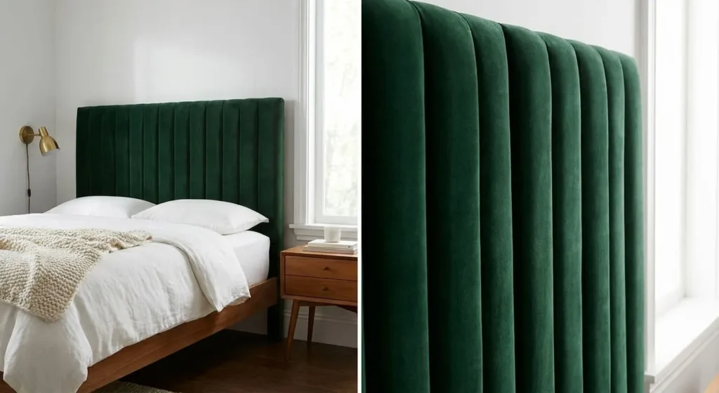 A bed with a tall, plush, deep forest green velvet headboard with vertical channel tufting.