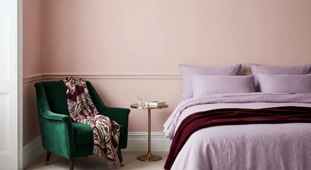 A bedroom corner with blush pink walls, a deep emerald green armchair, and a bed with lavender linen bedding and a burgundy velvet throw.